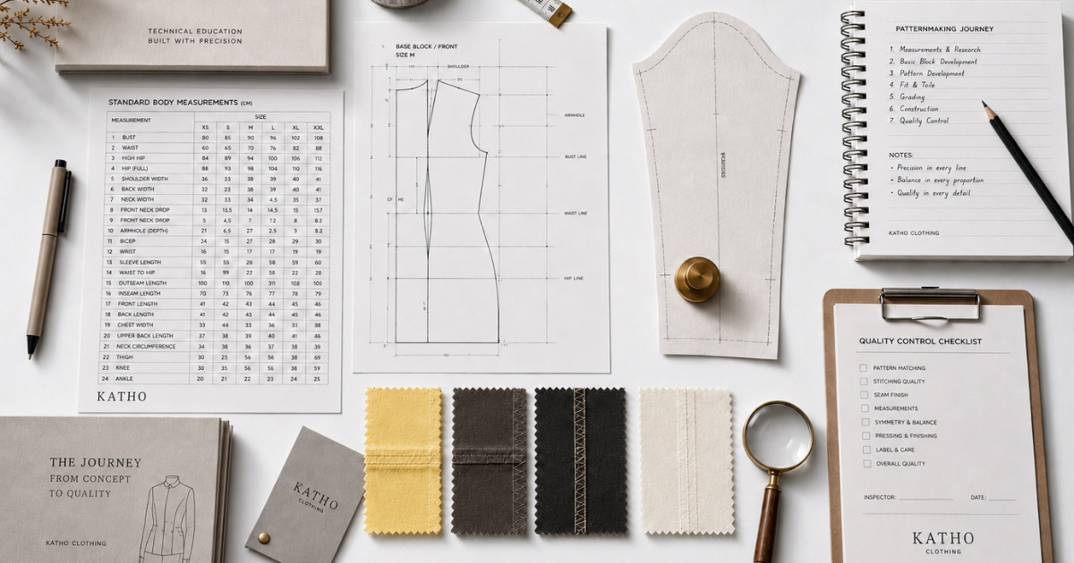 Katho Clothing technical garment tutorials showing measurements, pattern development, fabric samples, construction, and quality control.